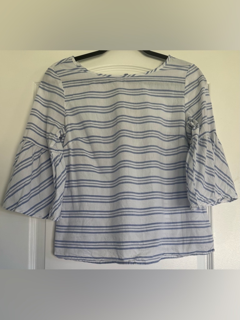 J.Crew Blue White Striped Blouse Size 2 Bell Sleeve Tie Back Lightweight Top